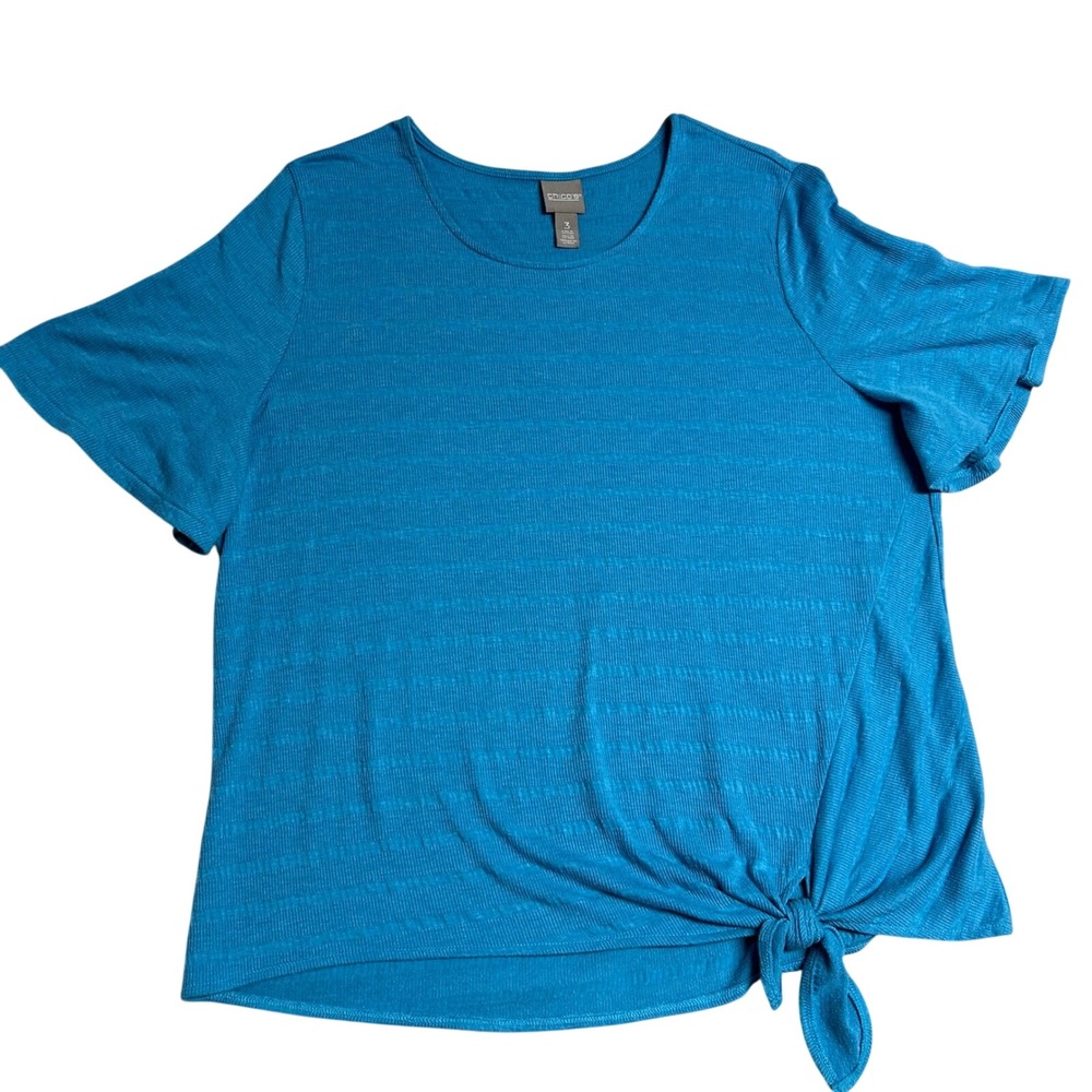 Chicos Women's Top 3XL Short Sleeve Blue Textured Stripe Side Tie Turquoise Knit